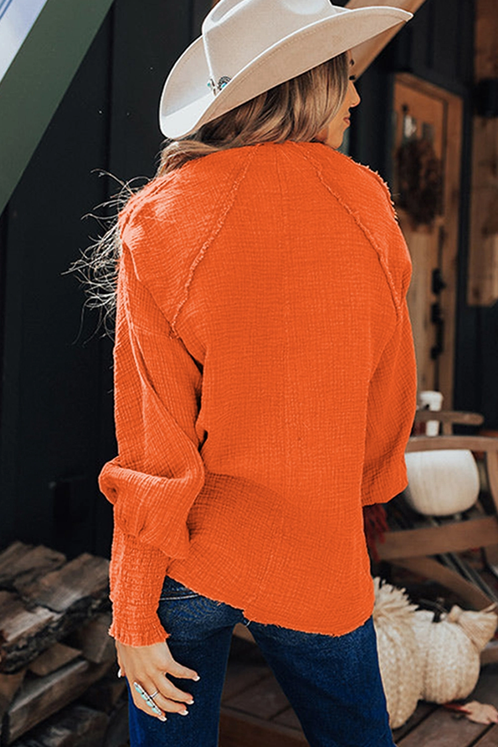 Cotton Orange Ruffled Shirred Waffle Knit Korean Women′s Blouses Pocketed Long Sleeve Shirts