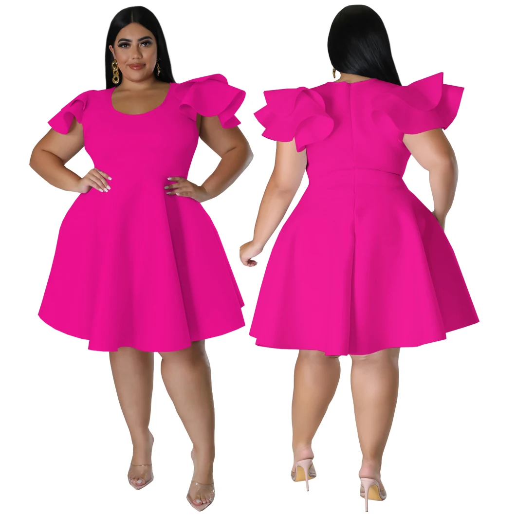 L36920 Solid Color Ruffle Shoulder Plus Size MIDI Swing Dress with 2 Pockets