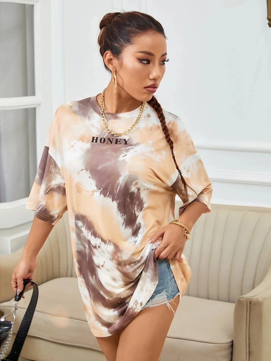 Women Fashion Girls Tie Dye Letter Graphic Tee Wholesale