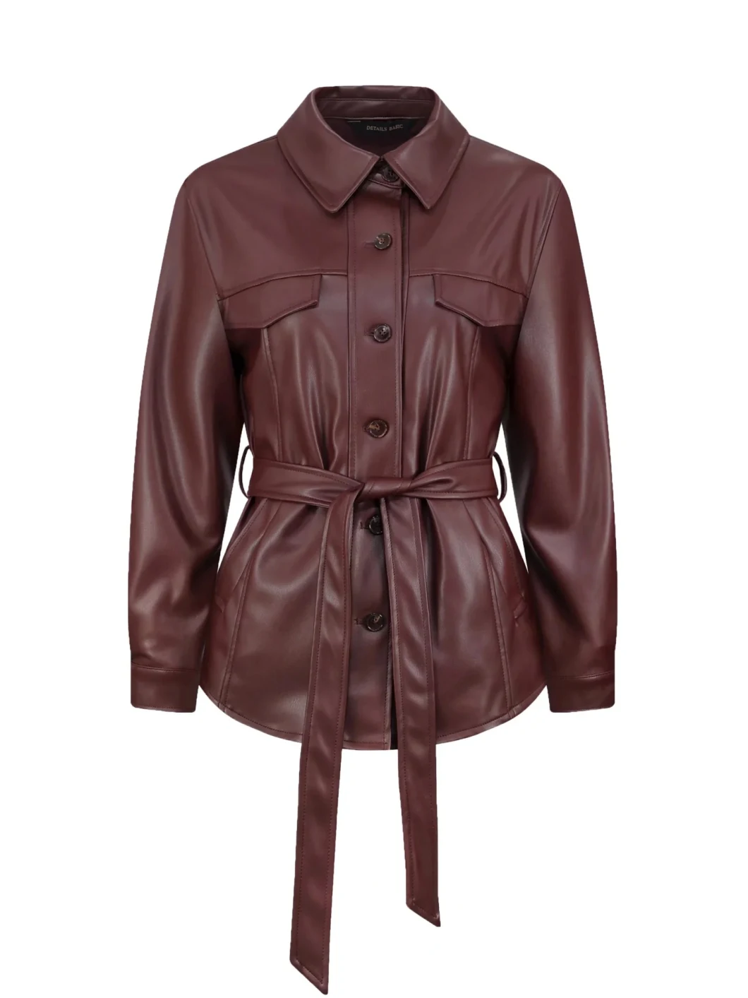 Fashion Brown PU Leather Blouse Oversized Pocket Cotton Female Casual Outerwear Jacket Shirt