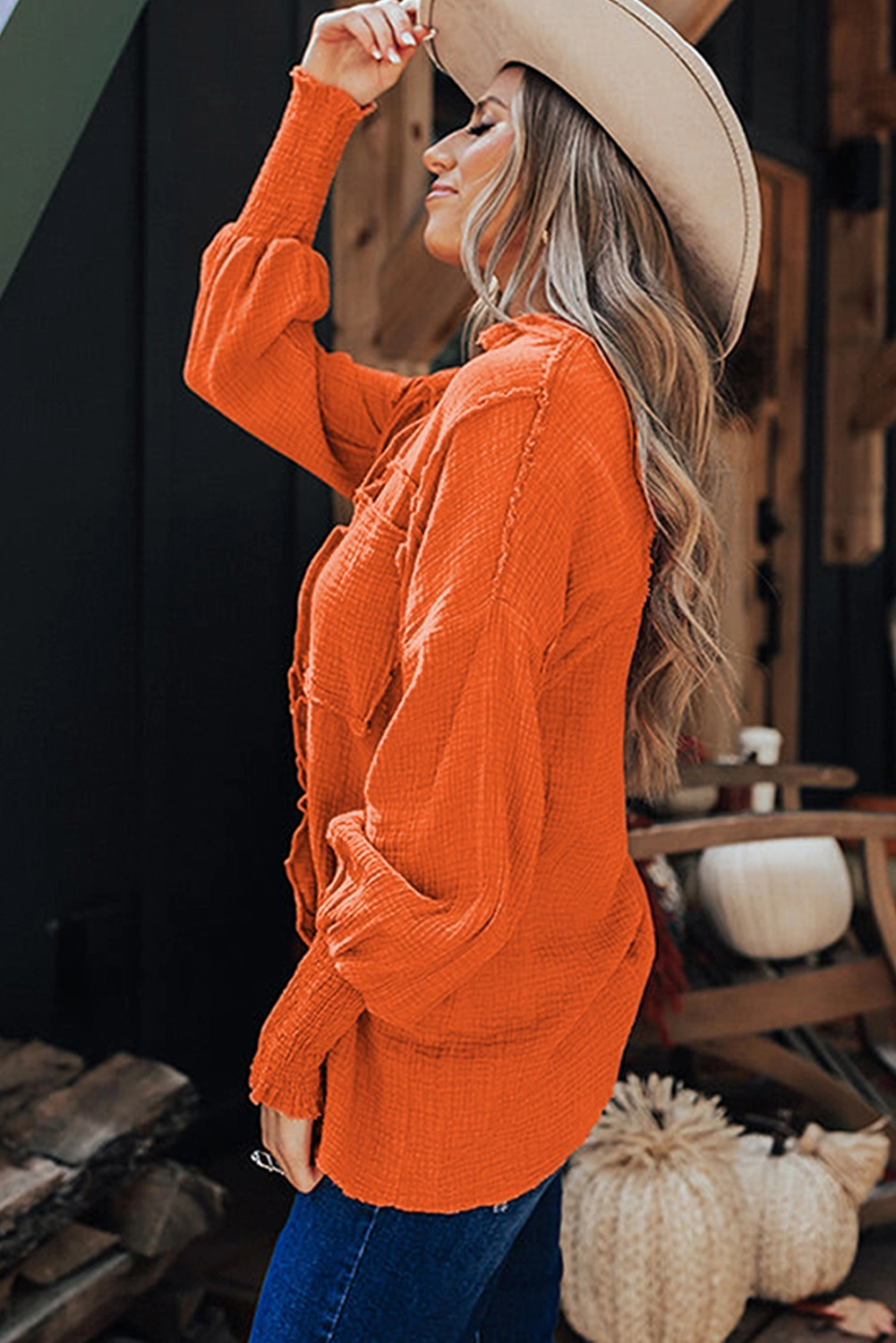 Cotton Orange Ruffled Shirred Waffle Knit Korean Women′s Blouses Pocketed Long Sleeve Shirts