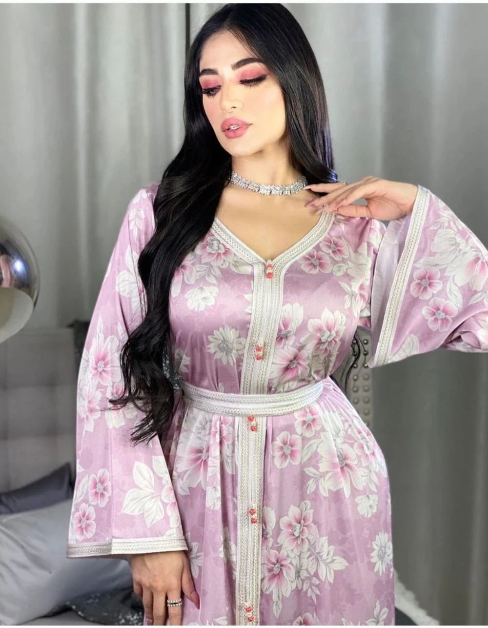 Women′s Print Crushed Lace Muslim Robe Long Dresses