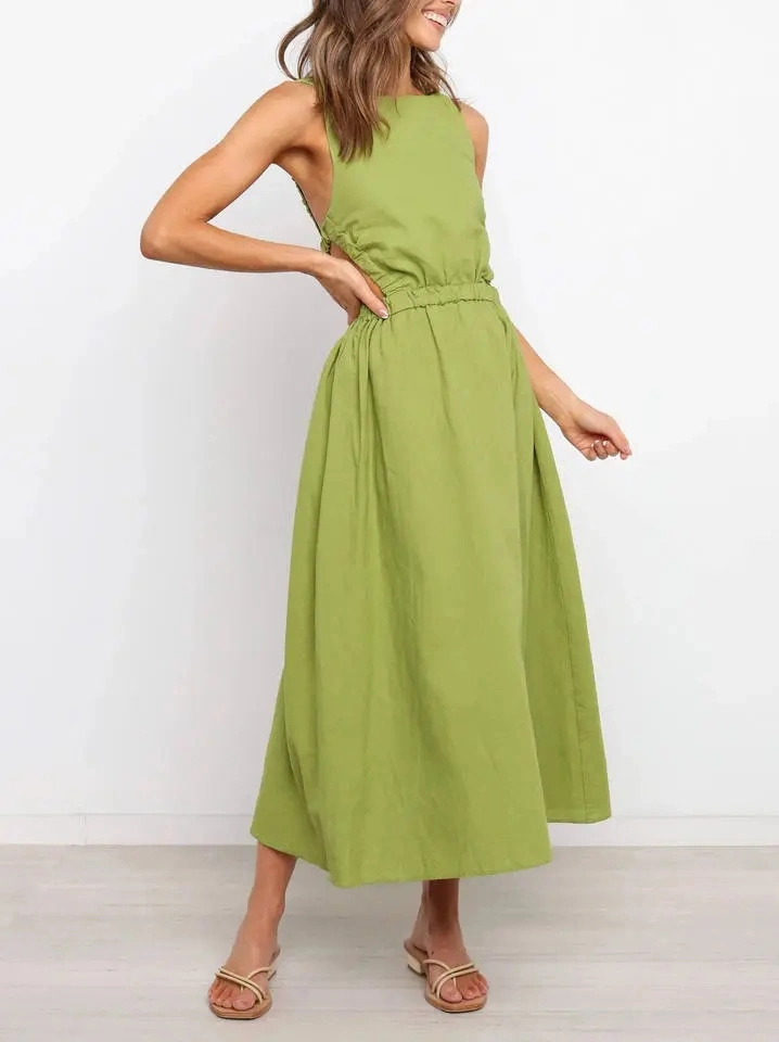 Solid Color Sexy Backless Women Cotton Linen Casual Summer MIDI Ladies Dresses