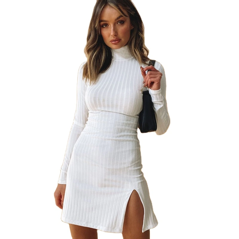 OEM Factory Sexy Long-Sleeved Women High-Neck Knitted Pullovers Sweater Dress