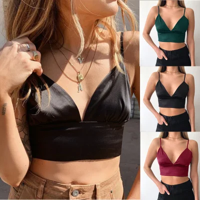 2022 V-Ausschnitt Satin Crop Top Camisole Tank Top