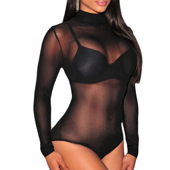 Sexy, nahtloser, bezaubernder Damenunterwäsche aus Tüll, verführerischer, durchsichtiger, schwarzer Mesh-Body