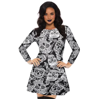 Halloween Kostüm Skelett Muster Print Rock Damen Dunkles Cosplay Langes Kleid