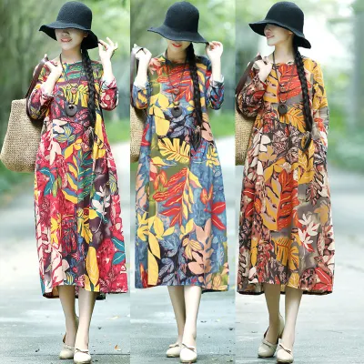 Herbst Ethno-Stil Lose Druck Baumwolle Leinen Langarm Maxi Strand Elegante Freizeitkleider