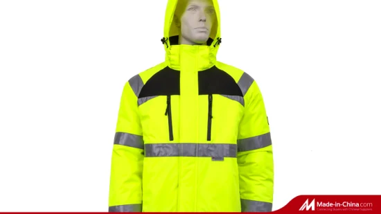 Hochwertiger Winter-Hi-Vis-reflektierender Arbeitssicherheitsjackenmantel mit verstellbarer Kapuze