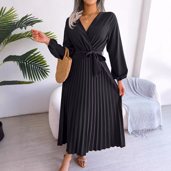 Elegante Damenkleider mit V-Ausschnitt und Gürtel aus Stoff mit Leinen-/Viskosedruck und Knopfleiste vorne