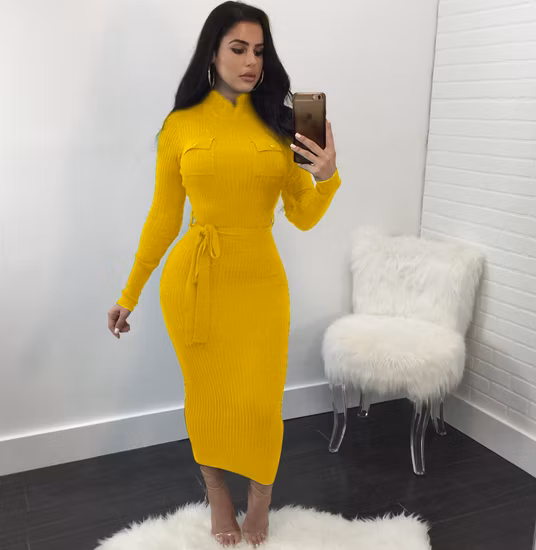 Winter Casual Frauen Langarm Stricken Maxi Bodycon Kleider