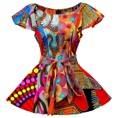 Moderne afrikanische Blusen-Designs, Wachsdruck-Damenoberteile, kurze Ärmel, Krawatte vorne, sammelnde Taille, afrikanisches Frauen-Hemd